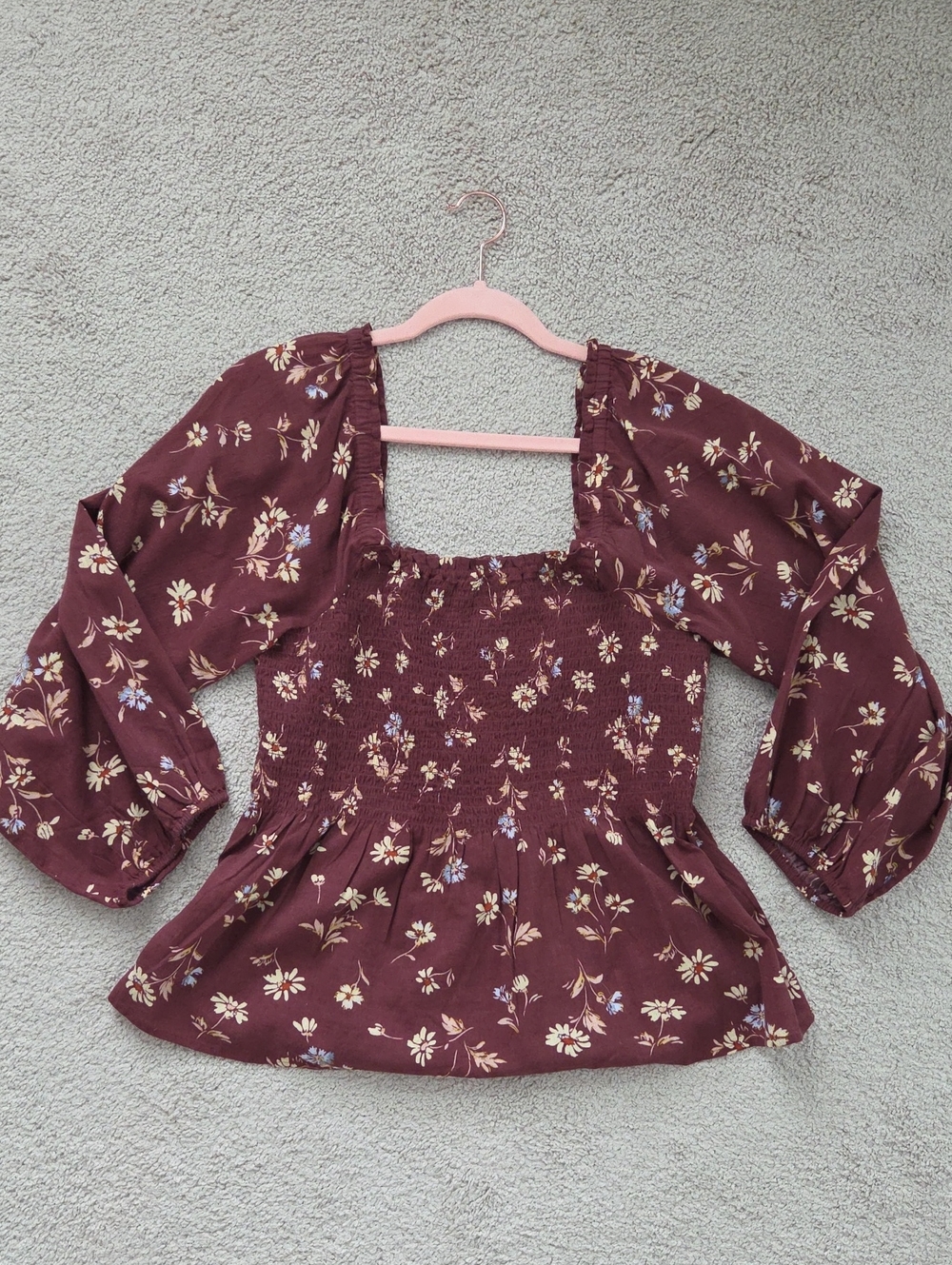Madewell Burgundy Floral Smocked Peplum Top